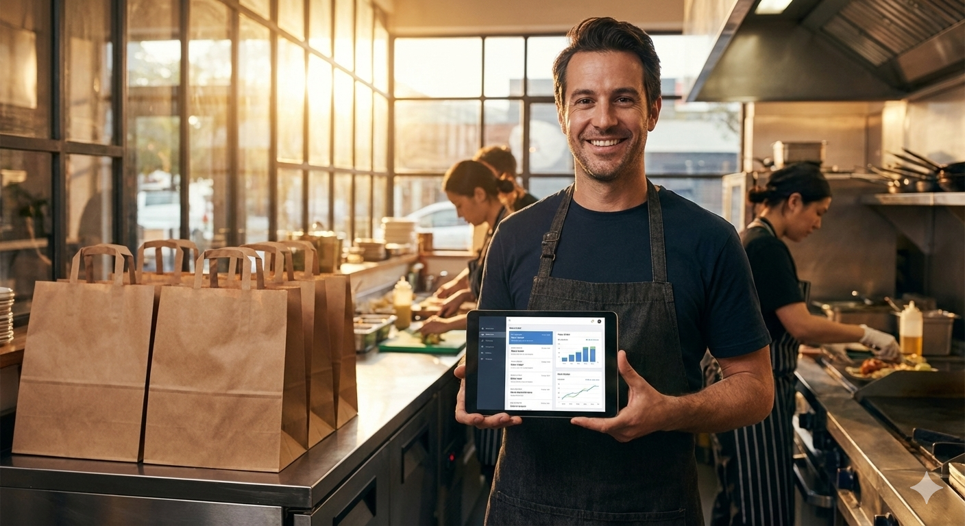 Restaurant owner reviewing online orders on tablet