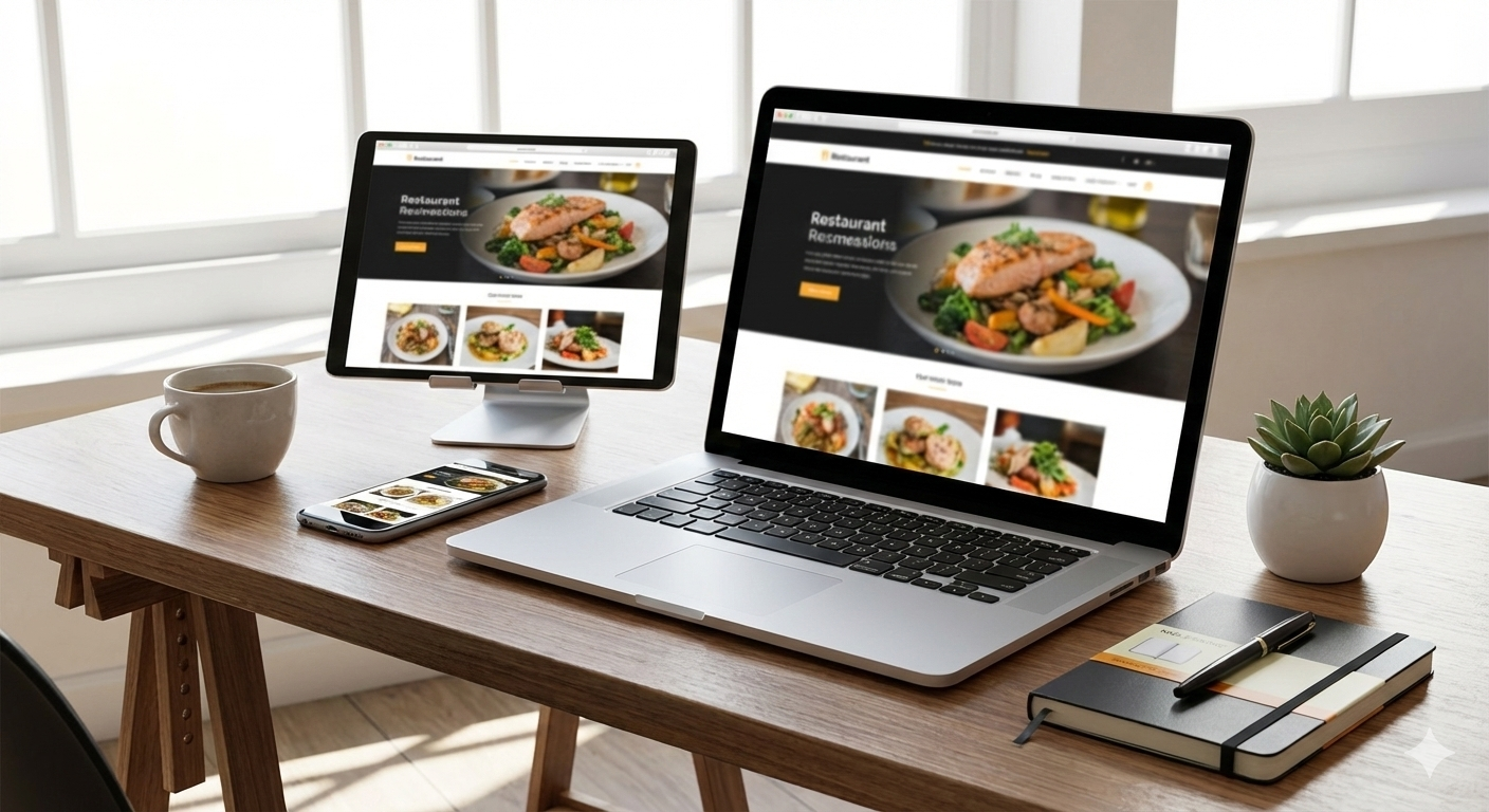Modern restaurant website displayed on laptop and phone